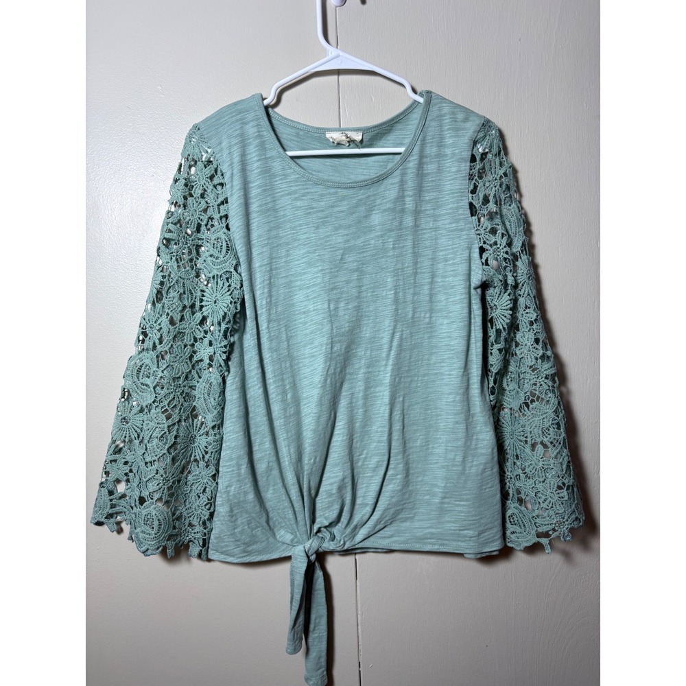 Entro Sage Green Crochet Lace Bell Sleeve Tie Front Cotton Top S Fairycore Boho